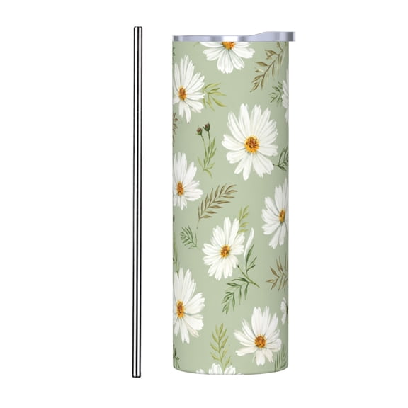 20oz Sage Green Daisy Floral Watercolor Botanical Insulated Tumbler with Handle and Straw Travel Cup Car Cup with Stainless Steel Straw