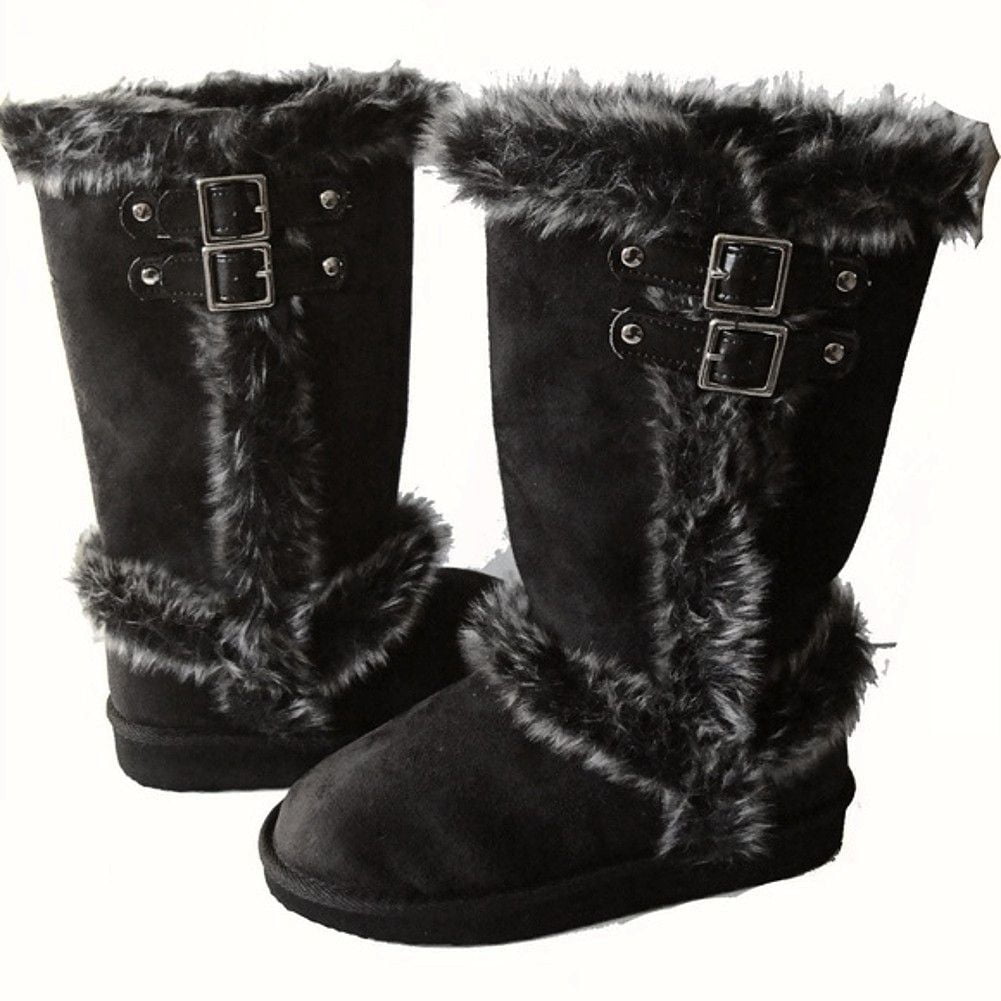 Top Moda Oakley-92 Women's Mid-Calf Double Buckle Fur-Trim Winter Flat Eskimo Boots BLACK 11