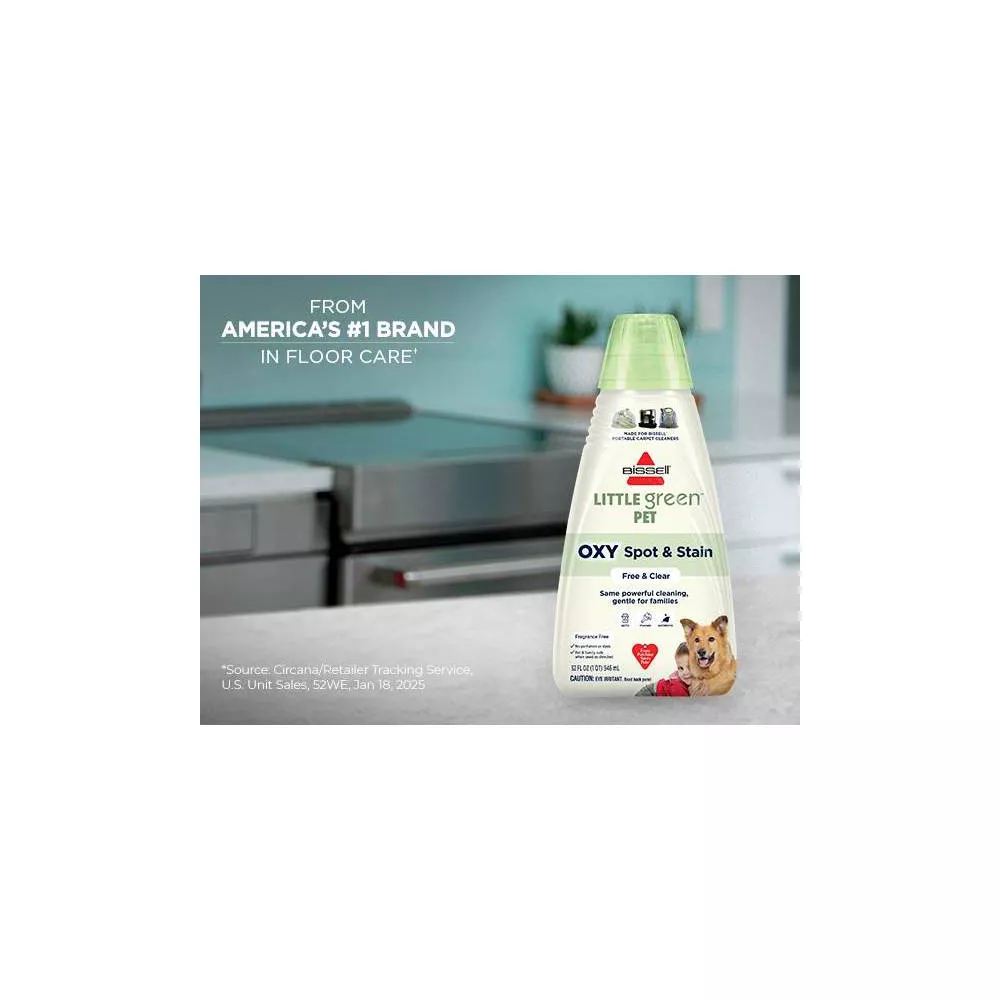 BISSELL Little Green Spot & Stain Solution, Fresh Scent, for Portable Carpet Cleaners on Carpet, Area Rugs, Upholstery, and Car Interiors, Oxy Stain Destroyer and Odor Eliminator, 2038G, 32 oz