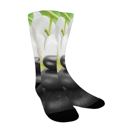 

Spa Decor Zen Hot Massage Stones with Orchid Candles and Magnificent Nature Black White and Green Custom Socks for Women