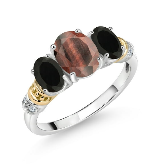 Gem Stone King 925 Sterling Silver and 10K Yellow Gold Oval Red Tiger Eye Black Onyx and White Diamond 3 Stone Ring for Women (2.08 Cttw, Gemstone Birthstone, Size 6)