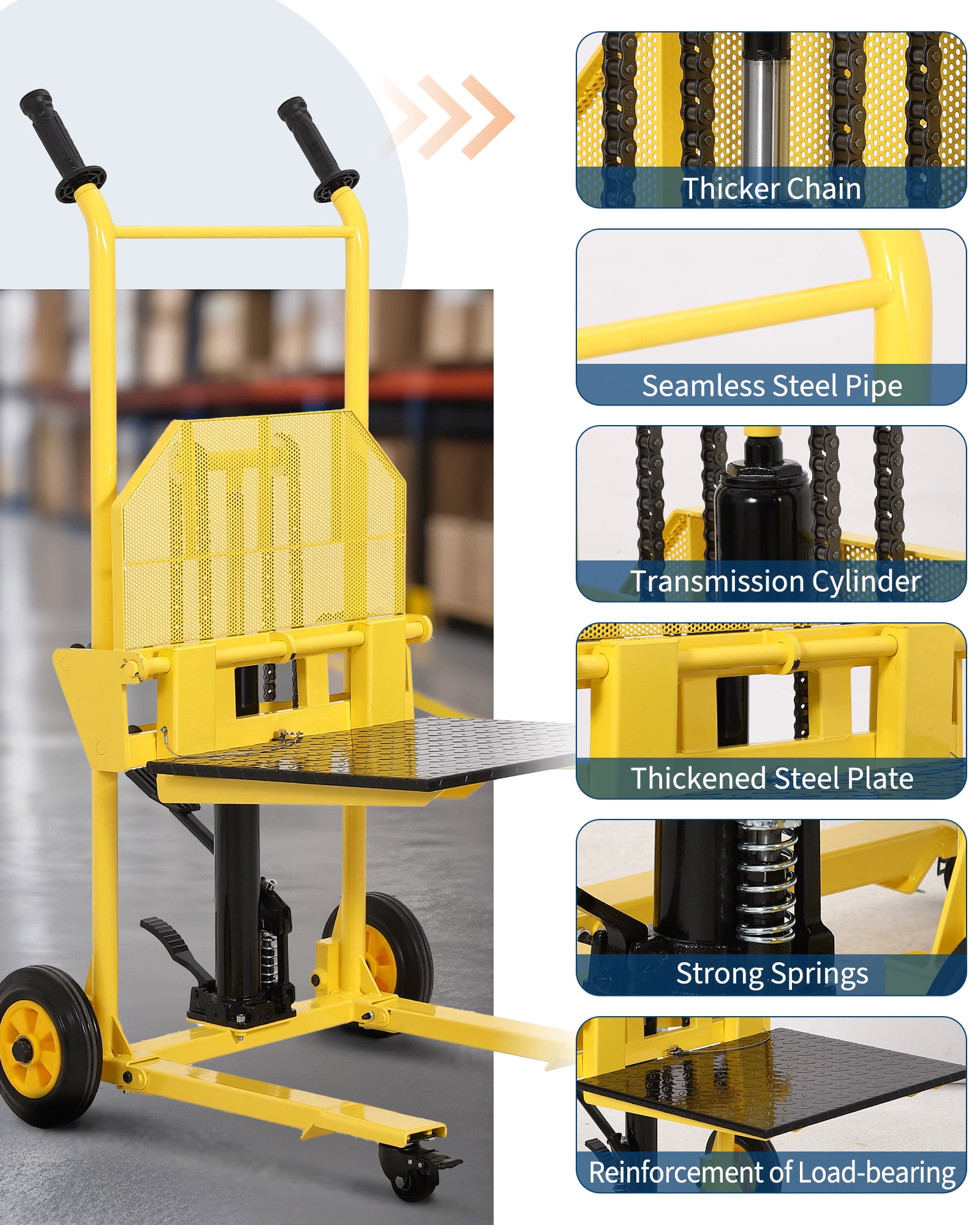 M optimized 440lbs Adjustable Hydraulic Hand Truck, Hydraulic Material Lift, Pallet Truck Dolly, Lift Table, Fork Lift, 36" Max Lift Winch Stacker with Steel Platform Board