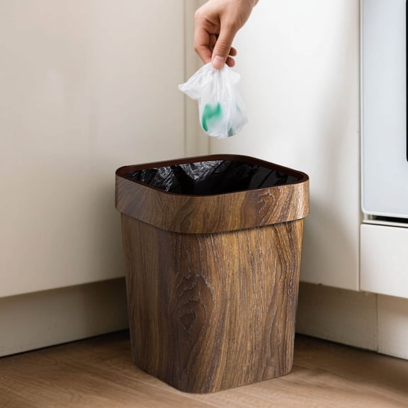 Walnut Brown Wood Grain Bathroom Garbage Can With Swing Top Lid, Rotating Design, Minimalist Can, Dustbin for Home, Garden, Office or Place of Business.