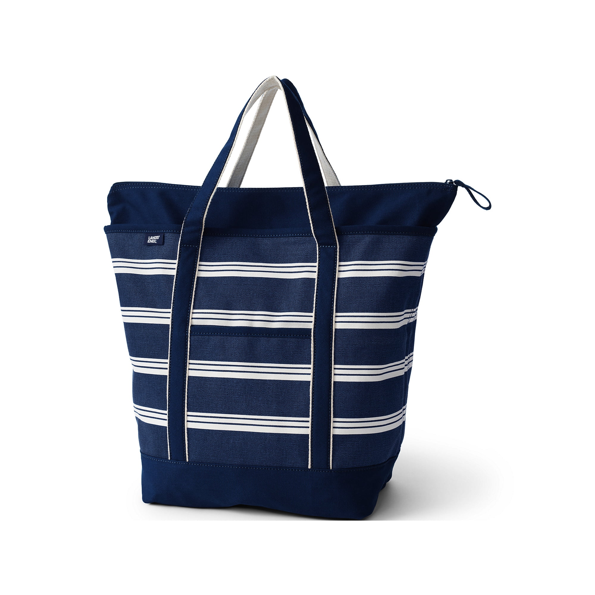 Lands' End Extra Large Print 5 Pocket Open Top Long Handle Canvas Tote Bag - Deep Sea Navy Founders Stripe