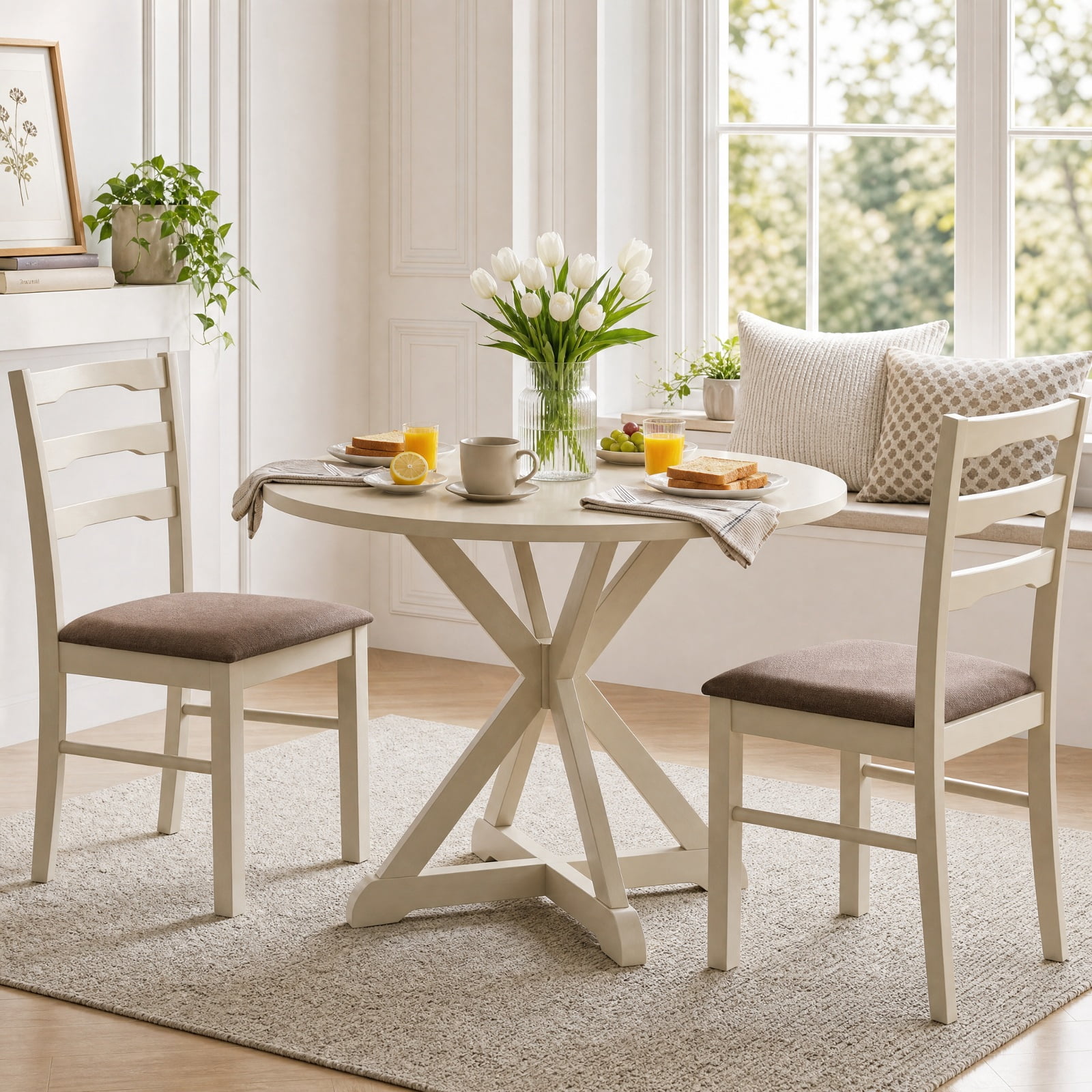 Furnibear Linen Style Upholstered Dining Chairs Set of 2 with Ladder Back and Solid Rubber Wood Frames for Farmhouse Kitchen, White
