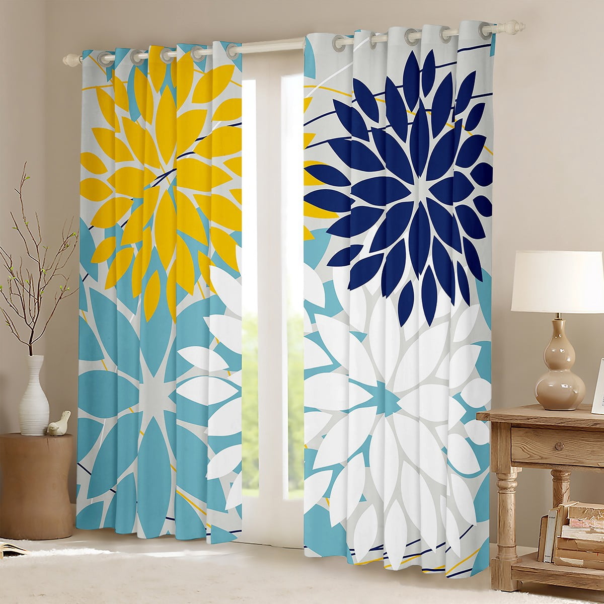 Manfei Floral Dahlia Curtains Pack of 2 (42x63),Geometric Geometric Flower Black Out Curtains,Blue Yellow White Curtains for Living Room,Microfiber Bedroom Decor