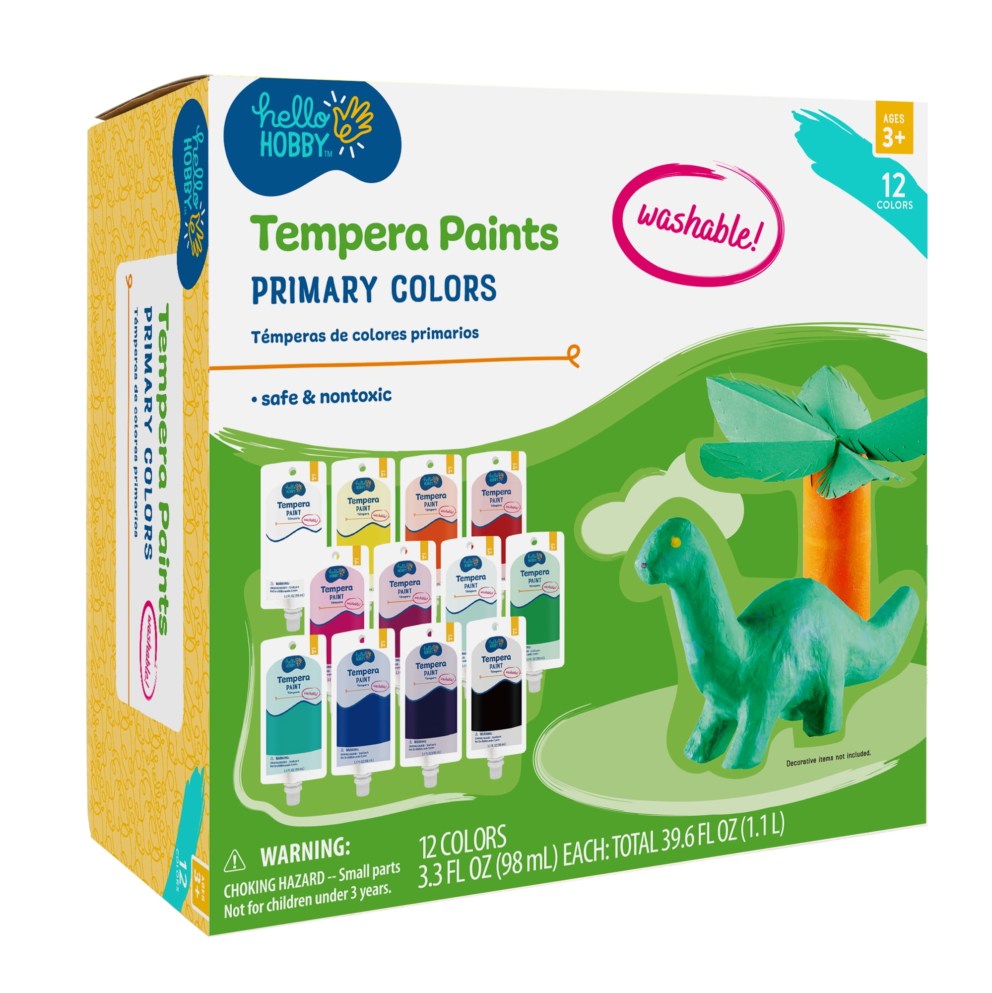 (4 pack) Hello Hobby Washable Tempera Paint Set, Safe & Nontoxic, 12X98mL pouches, 12 Different Colors