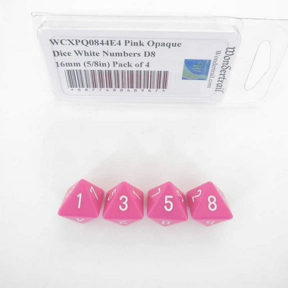 Pink Opaque Dice with White Numbers D8 Aprox 16mm (5/8in) Pack of 4 Wondertrail