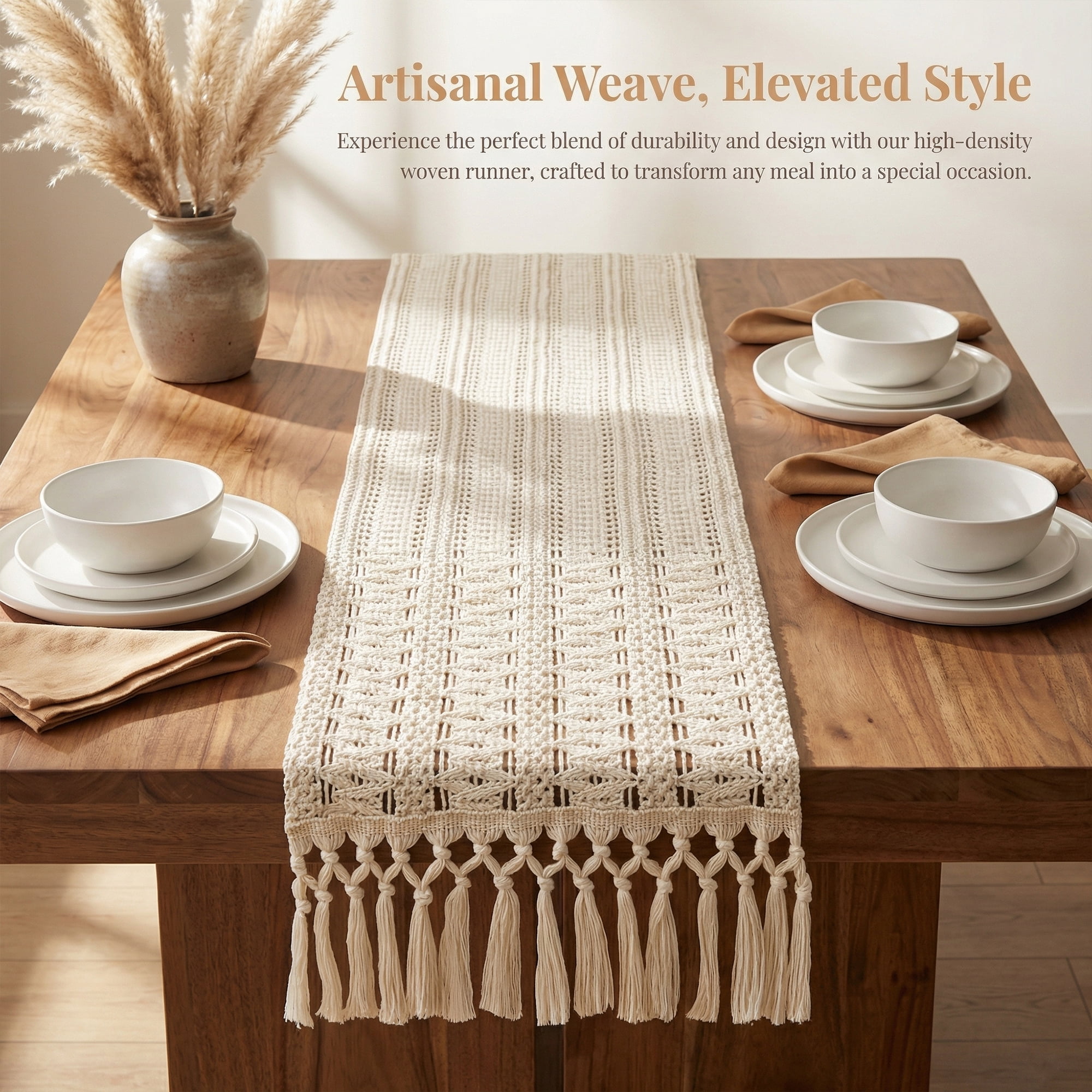 Unique Bargains Kitchen Decor Table Runner with Tassel Large Hollow 11.8x70.9in