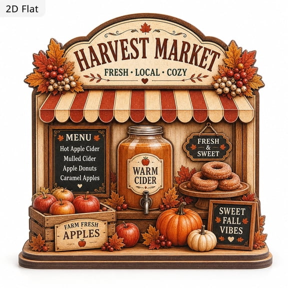 Harvest Market Shelf Sitter, Rustic Fall Farmhouse Decor, Thanksgiving Wooden Block Sign, Cozy Autumn Tiered Tray Decor