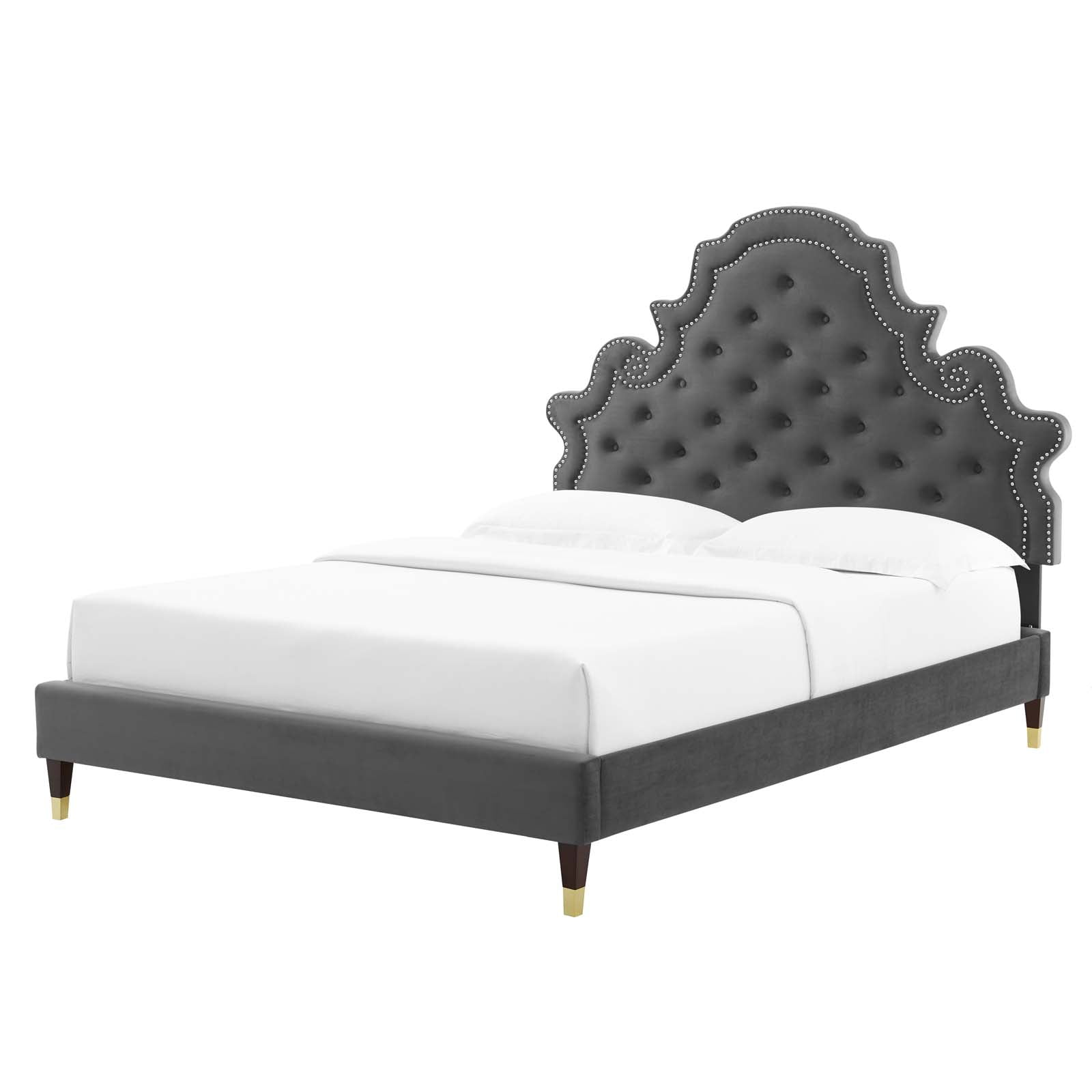 Tufted Platform Bed Frame, Queen Size, Velvet, Dark Grey Gray, Modern Contemporary Urban Design