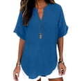 thumbnail image 2 of Womens Cotton Linen Tunic Tops Half Sleeve V Neck Pullover Tshirts Elbow Length Sleeve Blouses Dressy Casual Summer Trendy Loose Fit Boho Gauze Shirts Plus Size Flowy Outfits Blue Xxl, 2 of 6