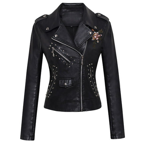 Chaqueta de cuero sintético de manga larga sin capucha y con solapa de metal bordada para mujer