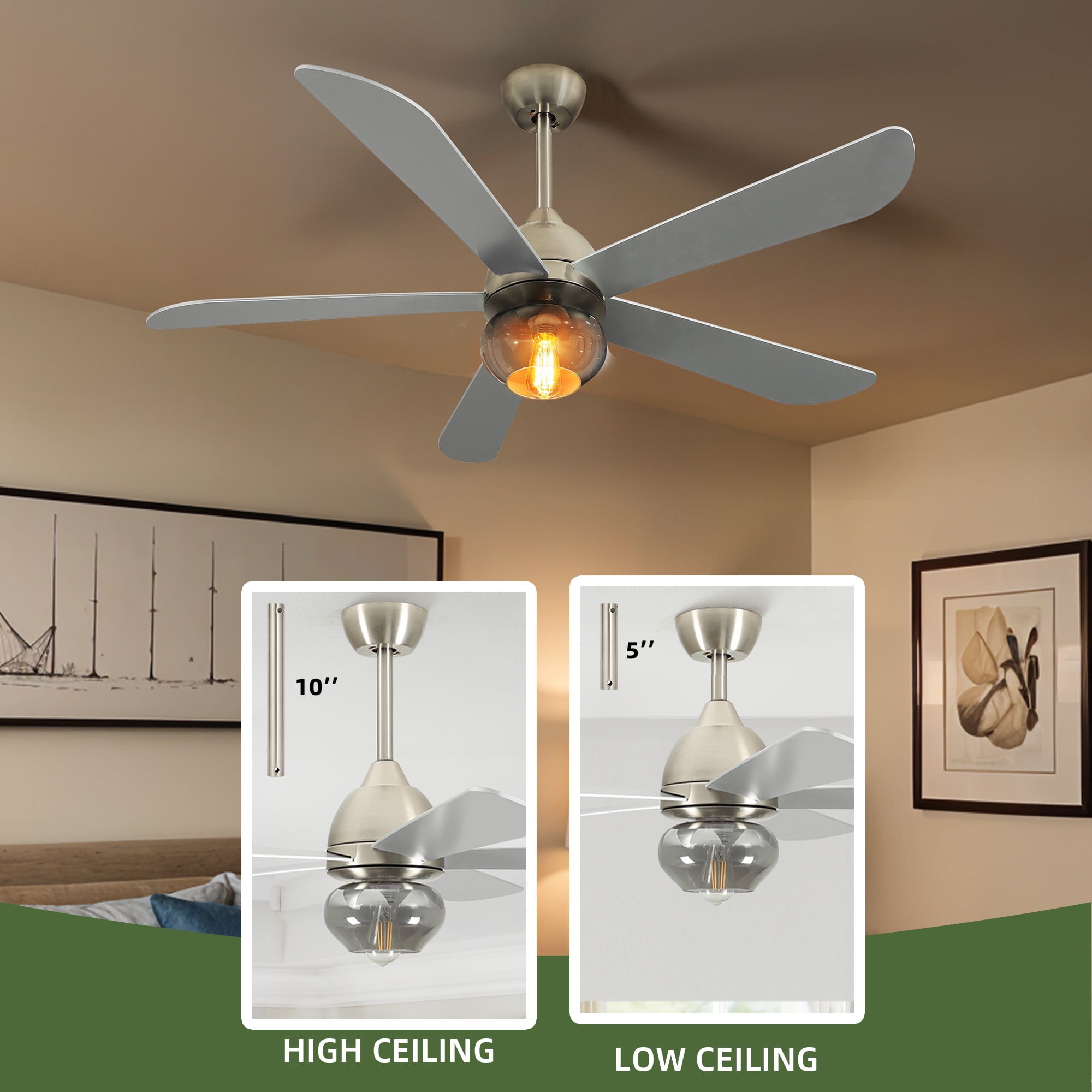 Uforic 52 inch Indoor Ceiling Fan with Light and Remote Control,Quiet 6-Speed Reversible DC Motor, 5 Blades - Silver