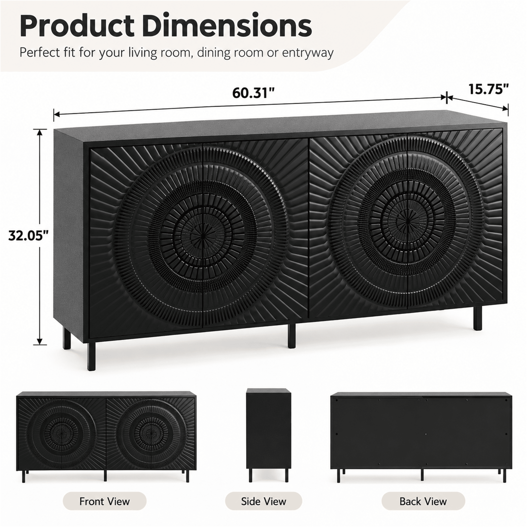 Homy Casa 60.3" Modern 4-Door Sideboard Buffet Cabinet with 3D Sunburst Front, Black