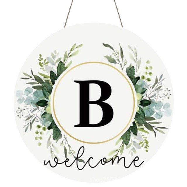 Clearance! Monogram Letter Welcome Sign for Front Door Rustic Green Floral Family Initial House Warming Decor Spring Summer Wooden Wreath Personalized Sign for House Front Porch 12 Inch
