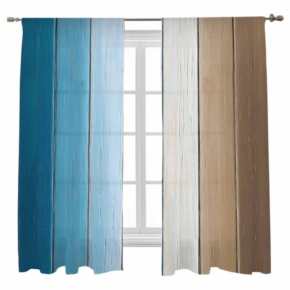 Sheer Curtains 72 inches Long, Brown Blue Gradient Wood Grain Farmhouse Retro Striped Light Filtering Sheer Window Curtains Rod Pocket Voile Drapes for Bedroom Living Room, 52"W x 72"L 2 Panels
