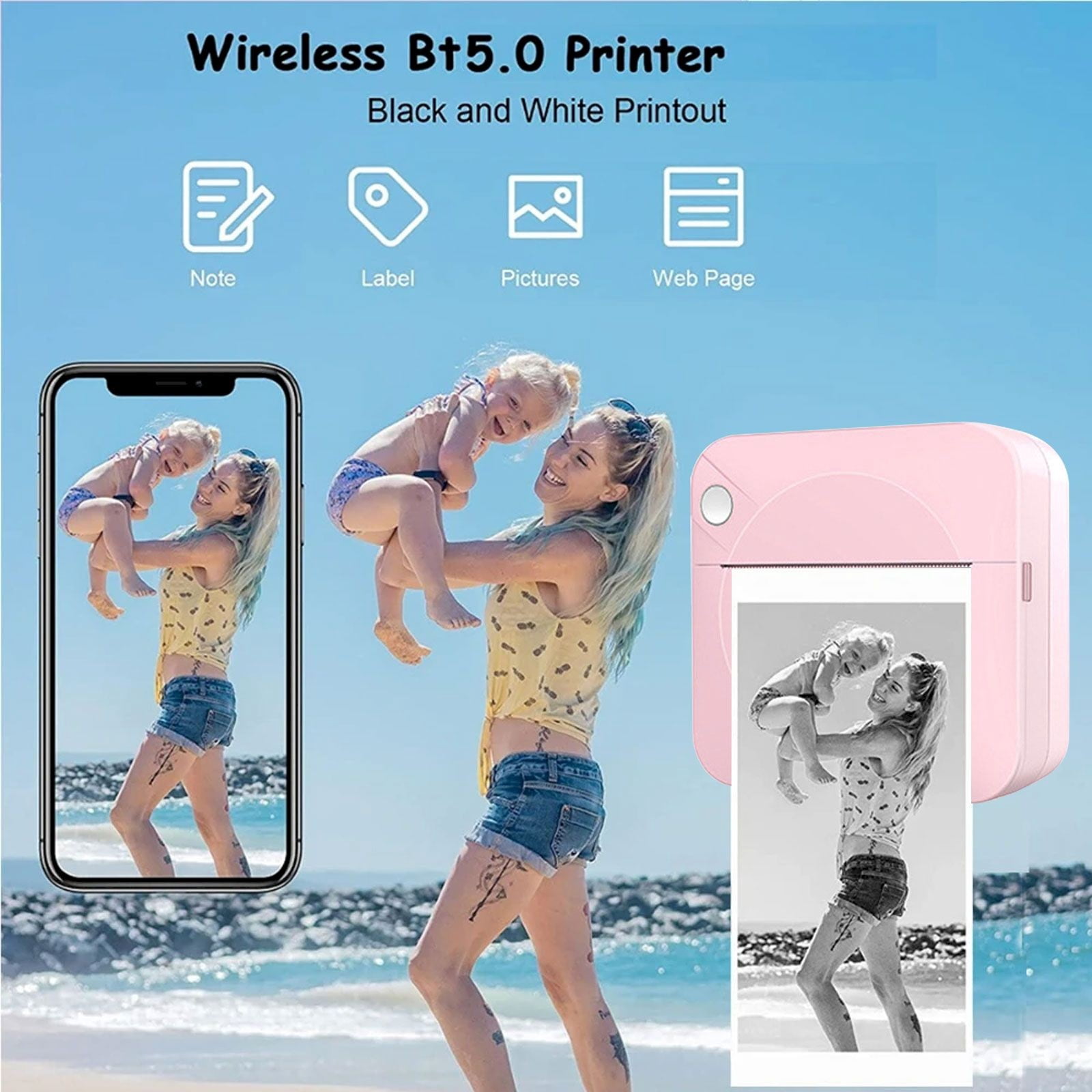 ZOURIH Sticker Printer-Mini Printer Print Pods Portable Thermal Inkless Sticker Maker Machine Bluetooth Pocket Impresora Portatil Instant Print for Notes,Label,Pictures,Web Page,DIY,Gift,3 Rolls-Pink