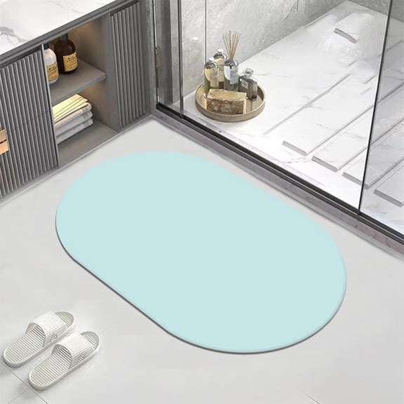 Fmbmuo Bathroom Rugs Oval Non-Slip Backing Flat Pile Minimalist Bath Mat Rubber 16x24in Blue