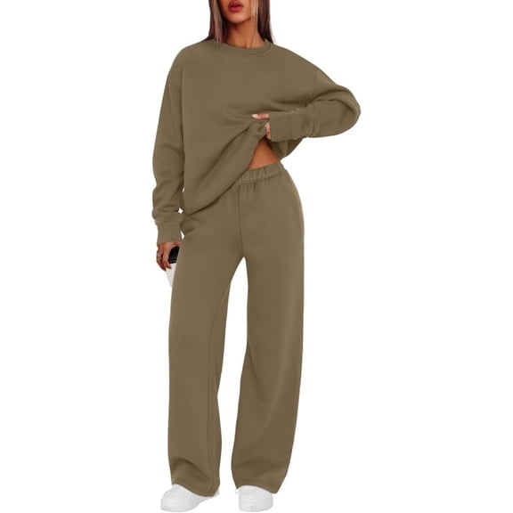 longantii Women's 2 Piece Sets Outfits Casual Long Sleeve Sweatsuits Oversized Hoodies Wide Leg Sweatpants Fall Tracksuit Khaki M