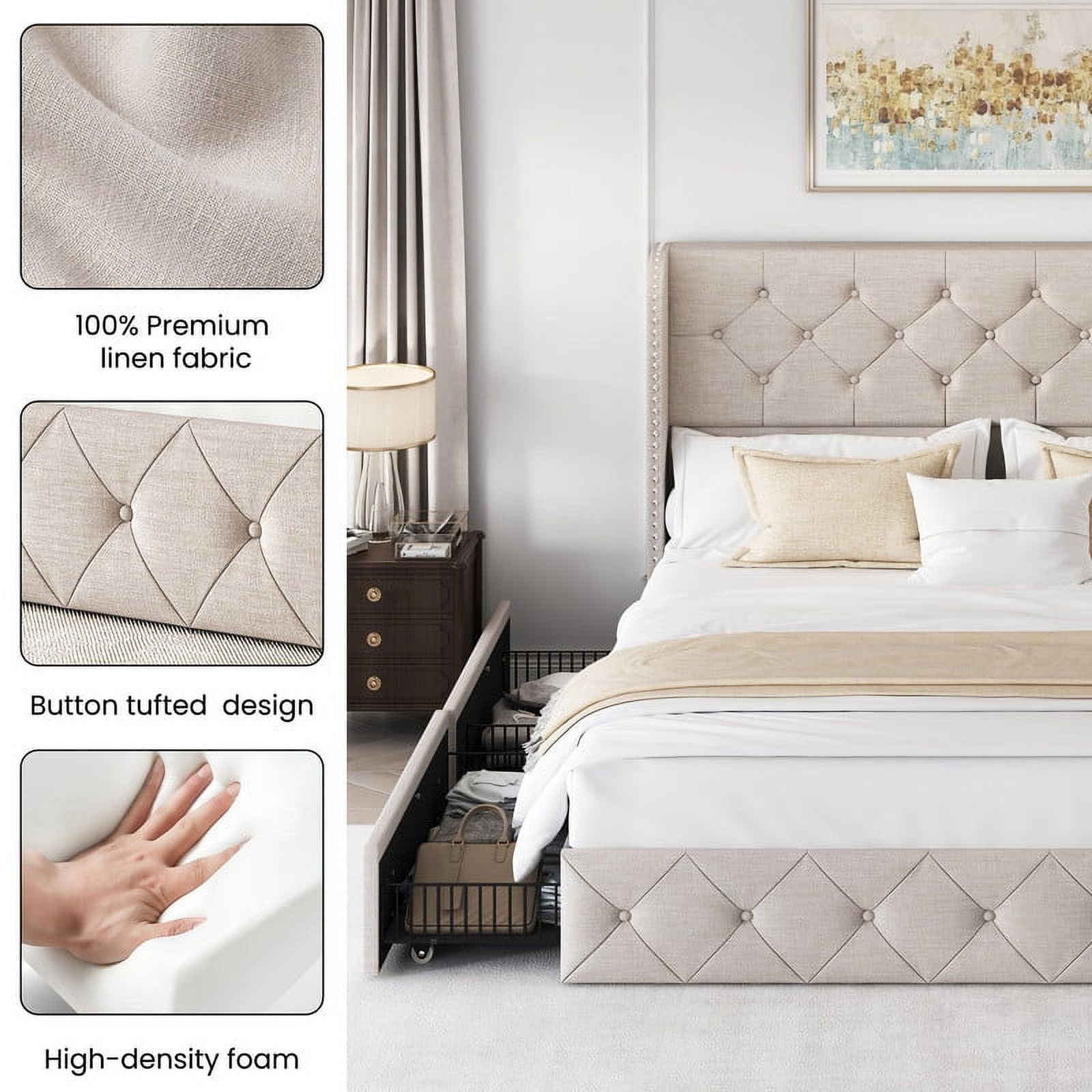 Breltam Queen Size Bed Frame with 4 Storage Drawers, Wingback Tufted Headboard, LED Lights, Beige Velvet Upholstered Platform Bed, No Box Spring Needed