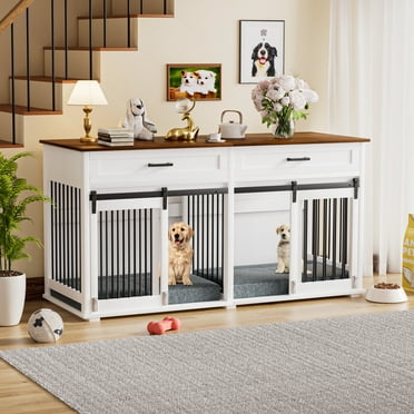 VEIKOUS Large Dog Crate Furniture-Style Kennel for 2 Dogs w/ Movable Door, Removable Divider and 2 Drawers