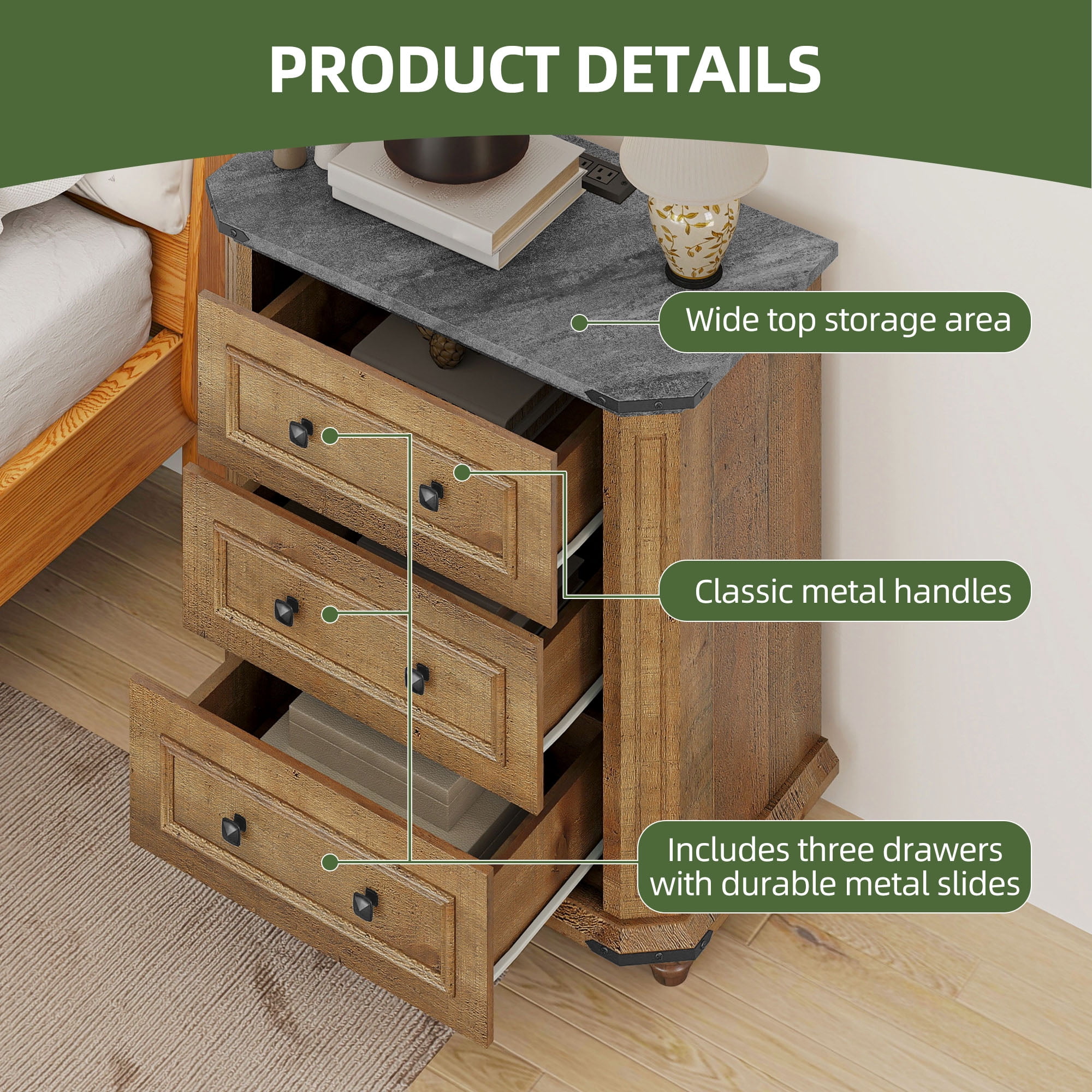 Uforic Rustic Nightstand with Charging Station & Drawers, Bedside Table for Bedroom, Brown