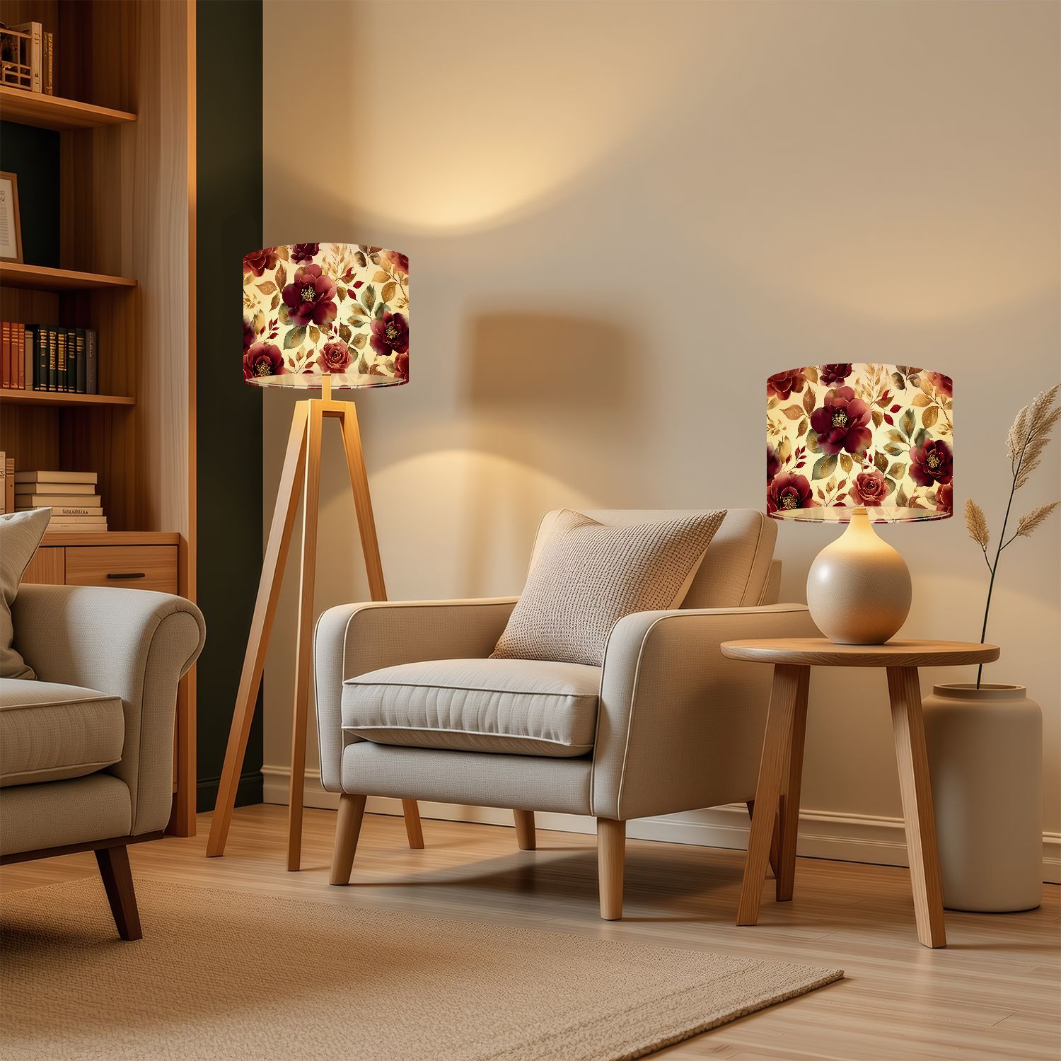 Lampshades 2 Pack gold burgundy flowers leaves Hand drawn floral for fabric 13"x13"x10" Light Shade for Table Lamps Floor Lamps Drum Lamp Shades Lampshade Replacement Easy Assembly