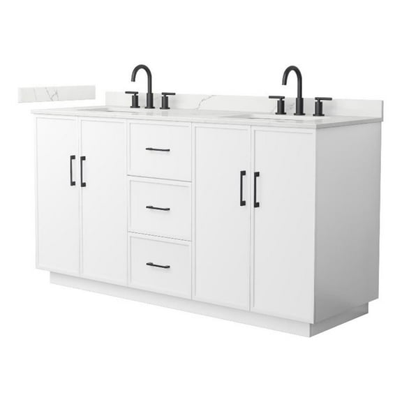 Elan TK 66" White Double Vanity & Giotto Quartz Top (3-Hole) & Black Trim