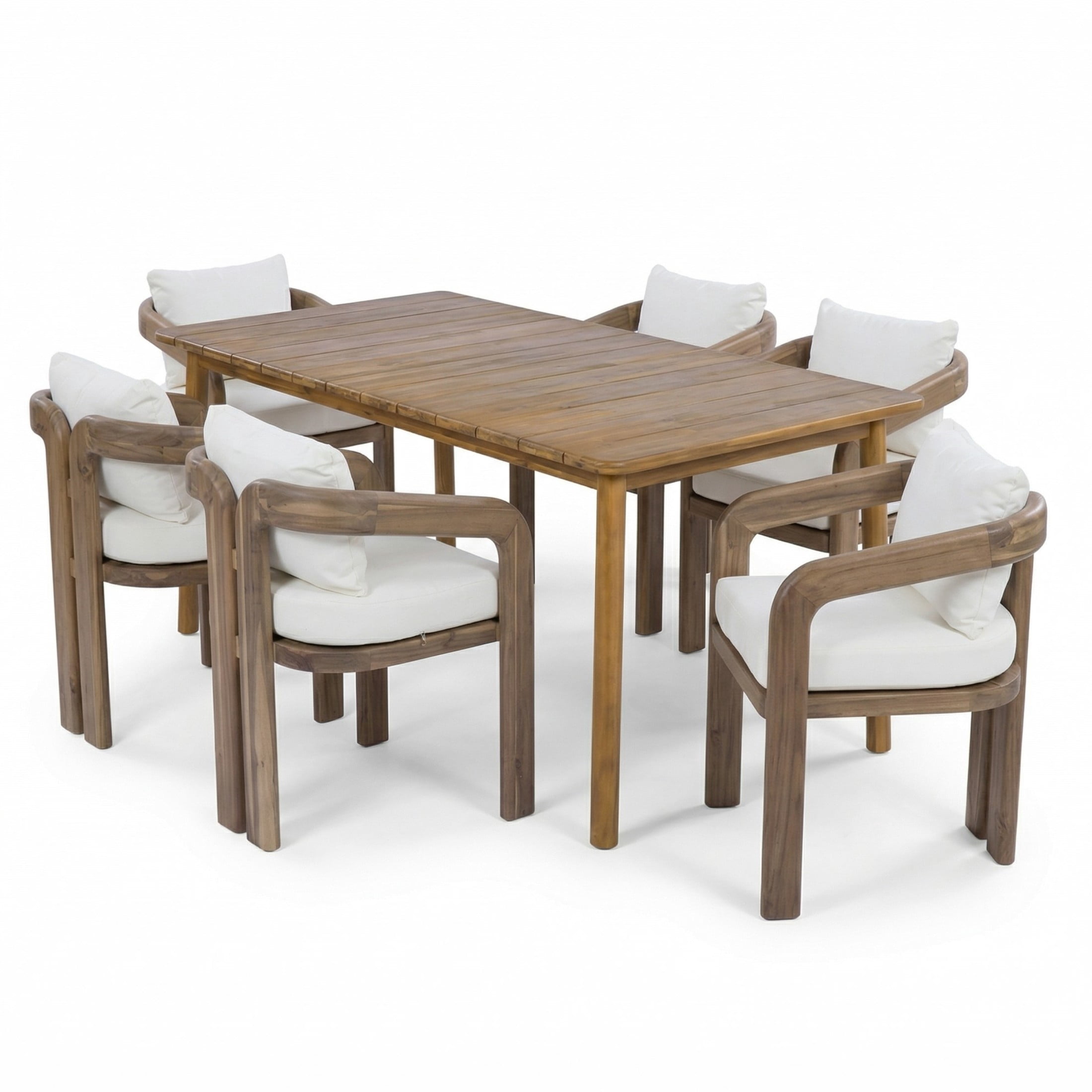 Christopher Knight Home 7-Piece Coastal Patio Dining Set with Cushion, Acacia Wood Frame, Natural+Cream