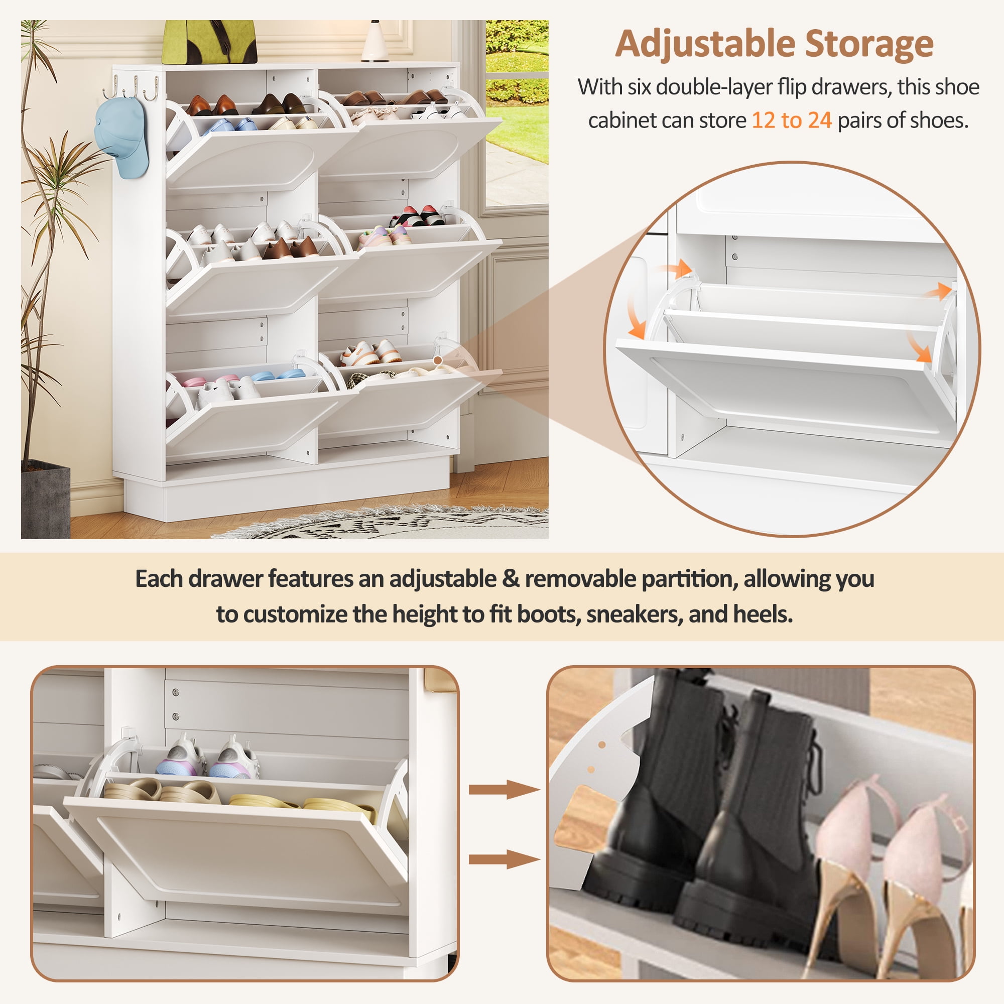 Euroco Elegant Narrow Tipping Bucket Shoe Cabinet with 6 Flip Drawers, Space Saving Design, Cream Style Entryway Organizer with Adjustable Shelf, Free-Standing Shoe Rack with 3 Silvery Hooks, White