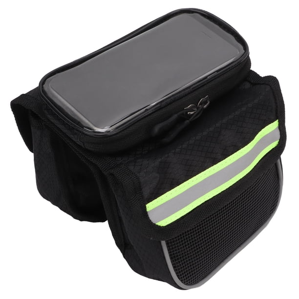 Bolsa para cuadro de bicicleta, tela de nailon 600D, película de TPU sensible, cintas reflectantes, cremallera doble, resistente a los golpes, bolsa para teléfono de bicicleta, color verde