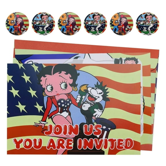 16-Piece Betty Boop Themed Birthday Invitations Set with Envelopes and Stickers, Party Invitation Decoration Set, Blank Name Party Invitations, Birthday Party Supplies