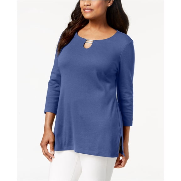 Karen Scott Women's Split-Neck Tunic Top Heather Indigo Size S