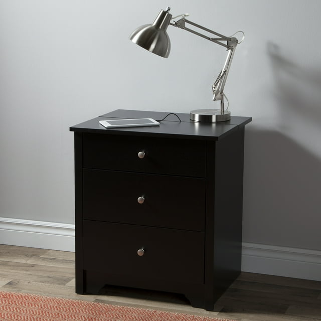 South Shore Vito Nightstand with Charging Station and Drawers for Adult, in Pure Black