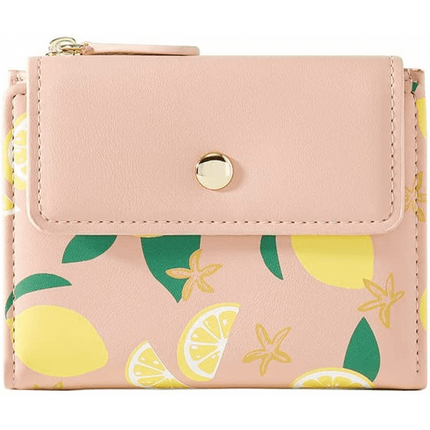Cute Lemon Zipper Pocket Trifold Small Wallets Card Holder ID Window Purse  Coin Pouch for Women Ladies (PINK, Lemon Print) 