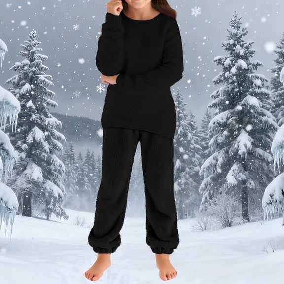 ATOGUTA Girls Sweat Suit Sets Fleece Pullover Sweatshirt and Sweatpant Kids Sweatsuit Cute Fuzzy Sweaters Set Size 5T-16, Black