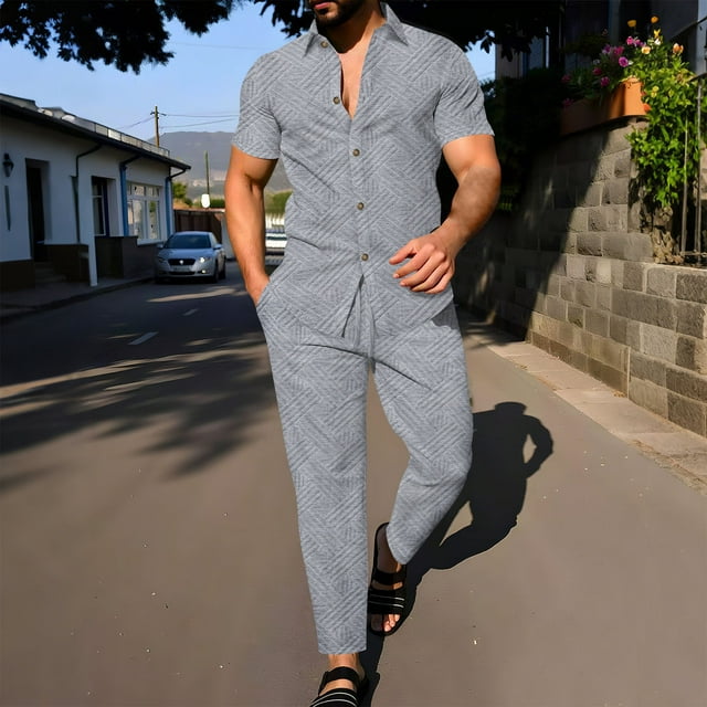 NTACZA 2 Pieces Pants Set Men Athletic Button Down Short Sleeve Tracksuits Collared Active Mens Sweatsuits 3XL