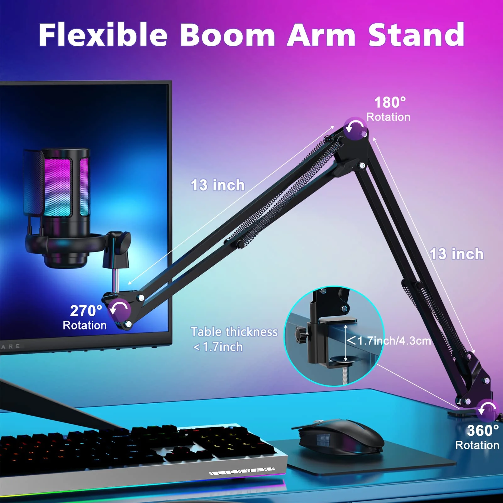 Gaming USB Microphone,Noise Cancellation Condenser mic with Touch Mute,Gain,Monitoring,Boom Arm for Streaming,Podcast,Twitch,YouTube,Discord,iPhone,iPad,PC,Computer,PS4,PS5,Mac,GamerWave