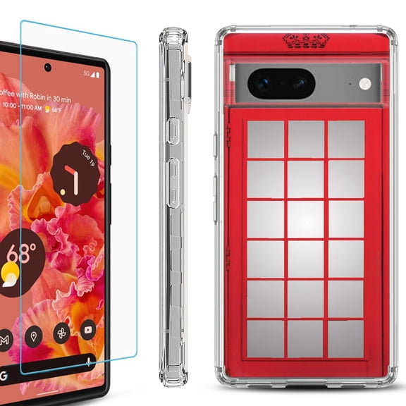 OneToughShield ® for Google Pixel 7a Shockproof Bumper Phone Case, with Tempered Glass Screen Protector - Phone Booth Red