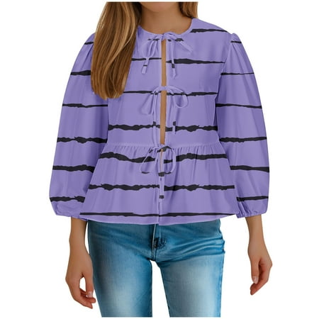 ameIAEA Women s Fall Tops Puff Long Sleeve Casual Babydoll Blouses Lace-Up Cute Shirt 2024
