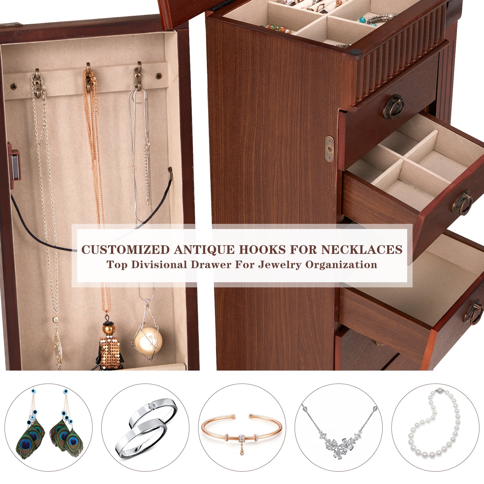 AVAWING Walnut Jewelry Cabinet Flip-Top Mirror, 7 Drawers, 12 Hooks & Store  Glamour, Wood, Female 