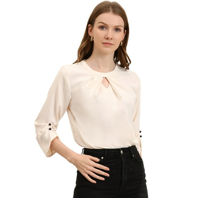 INSPIRE CHIC Women's Round Neck Keyhole Pleated Shirred 3/4 Sleeve Work Top Wine Red L
