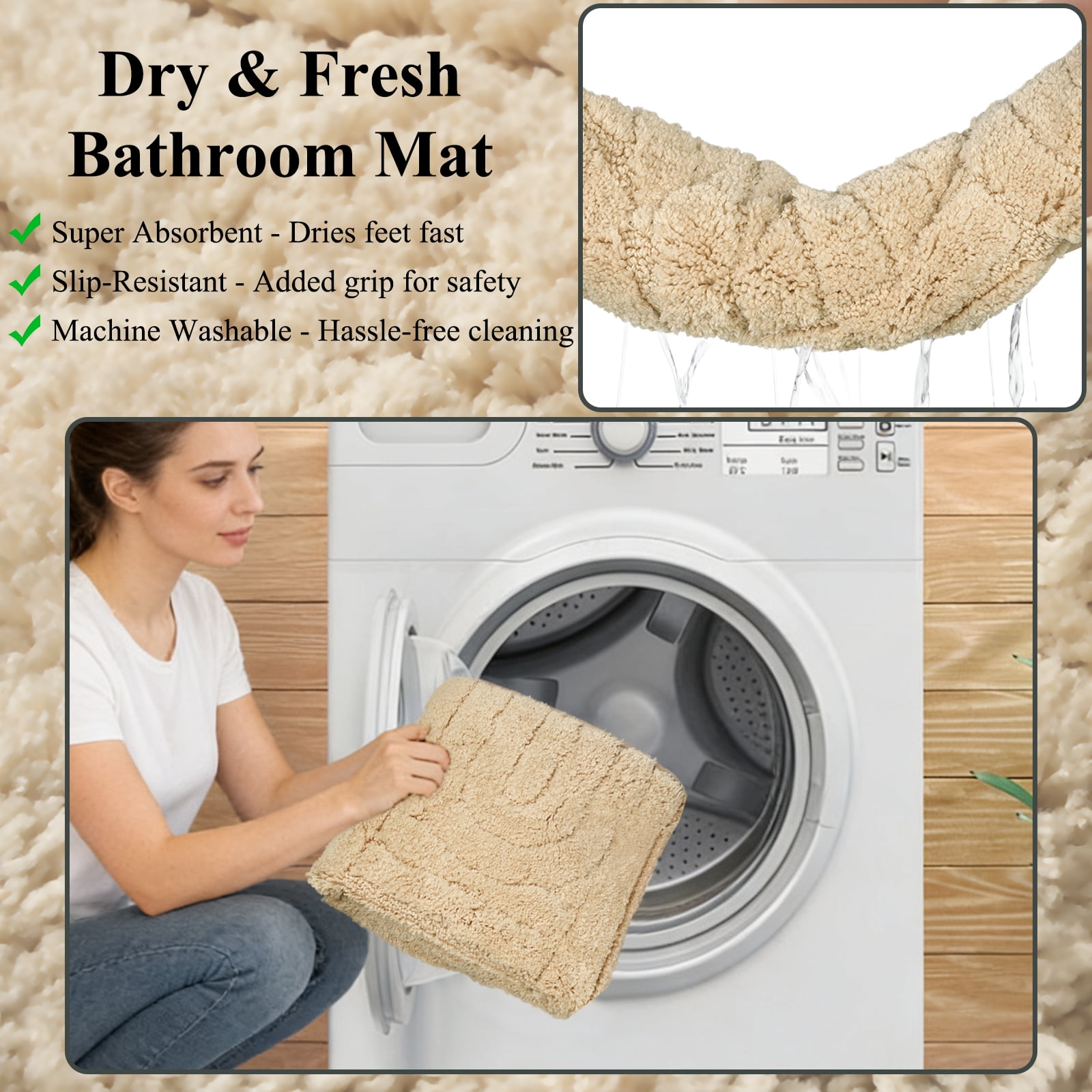 Aonewoe Bathroom Rug Set 3 Piece Microfiber Water Absorbent Bath Mats Washable Non Slip Bath and Toilet Rug Set for Shower Floor（Beige）