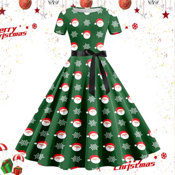 Vestidos Casuales Para Mujer, Vestido de Fiesta de Noche de Manga Corta Con Estampado Navideño de Los Años 50