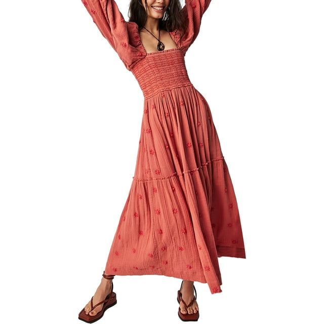 SUNSIOM Robe Longue pour Femmes, Brodée de Fleurs Manches Longues Col Carré Fluide Printemps Automne