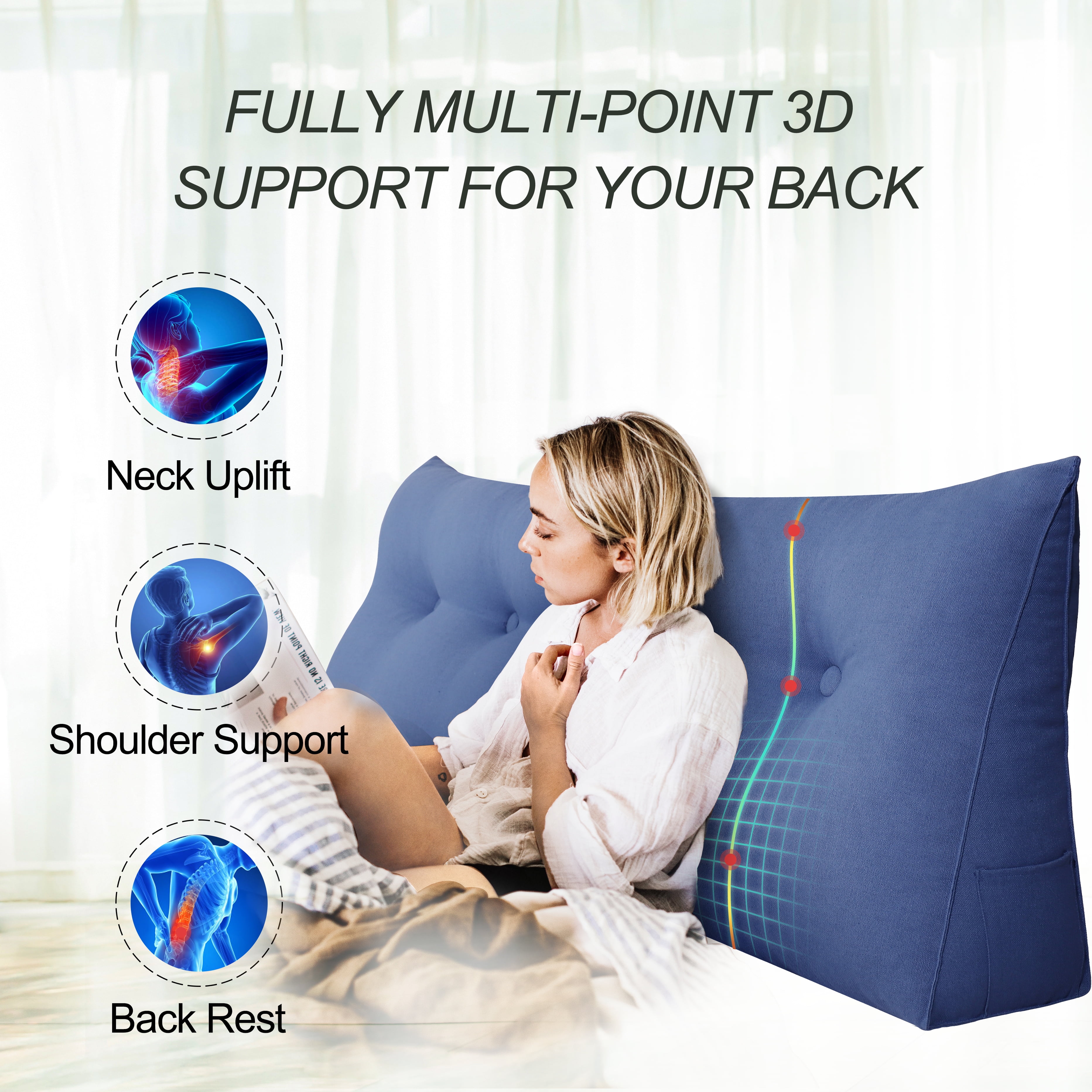 WOWMAX Sofa Daybed Large Filled Triangular Wedge Cushion Bed Backrest Positioning Support Pillow Reading Pillow Office Lumbar Pad with Removable Cover Blue California King