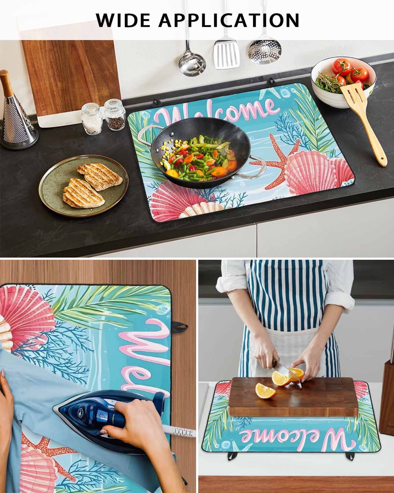 nqOlkjepod Large Induction Cooktop Protector Mat 24"x21", Blue Beige Coastal Beach Stove Top Covers for Electric Stove, Summer Ocean Coral Wave Stove Burner Cover Mats, Glass Top Stove Cover