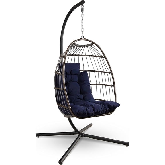 SereneLife Foldable Egg Chair with Stand – Hanging Rattan Wicker Swing for Indoor Outdoor Use – 350 lbs Capacity, Breathable Cushion & Headrest – Patio, Balcony, Porch, Bedroom Lounge Furniture