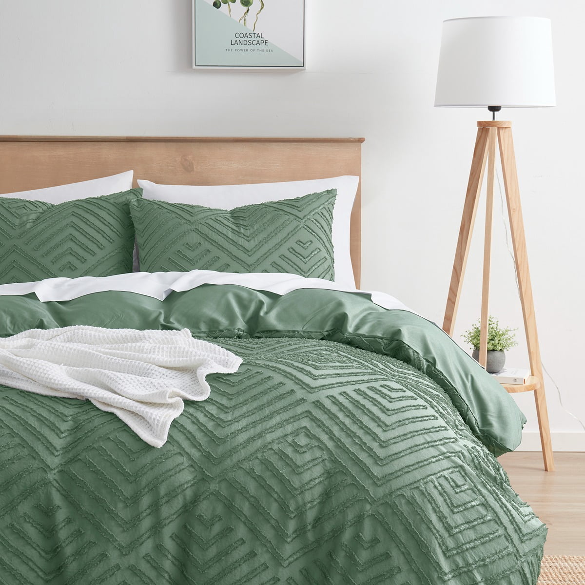 Nestl Boho 3 Piece Duvet Cover Set, Tufted Embroidery Double Brushed Duvet Cover with Button Closure with 2 Pillow Shams, Twin (68"x90") - Green